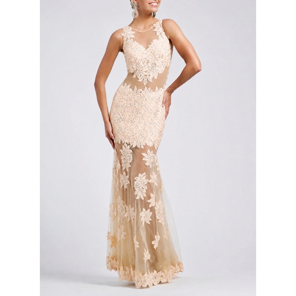 Jovani Embellished Mesh Mermaid Backless Gown Peach Sz 4 Prom Formal Event